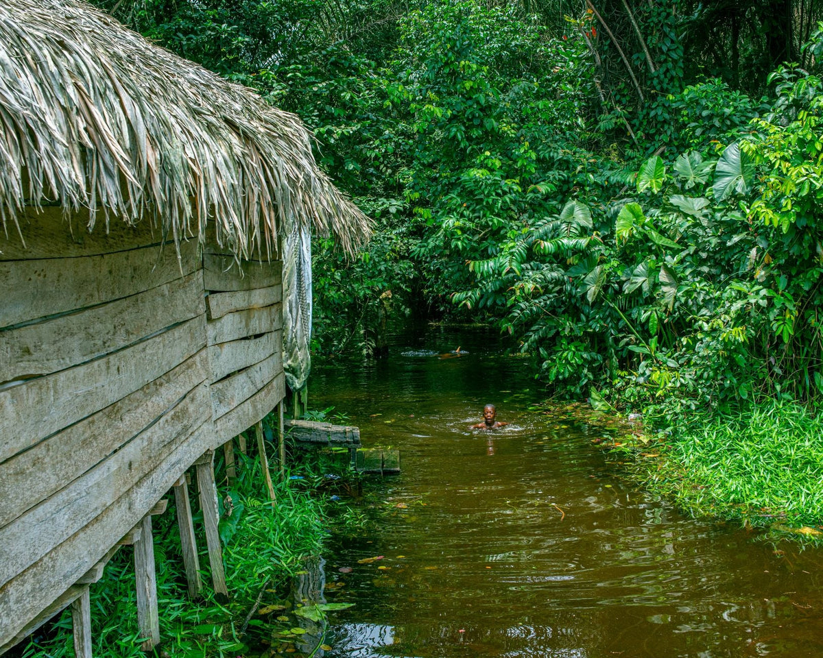 A boy swims in a river next to a thatched-roof house surrounded by lush greenery in a traditional village.